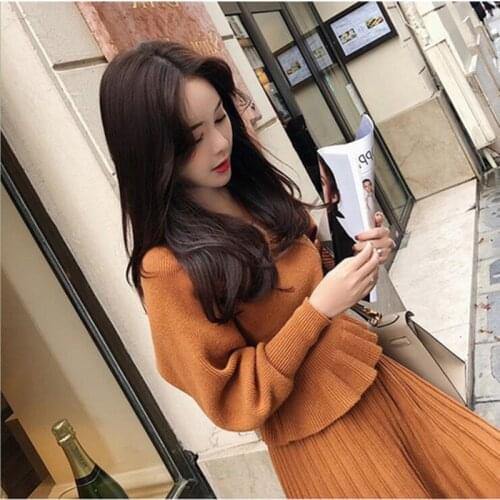 ZAWFL 2020 New Autumn Winter Fashion Womens Back Hollow Knit Vest Jacket + Long Knit Dress Two Pieces Ladies Sweater Suit