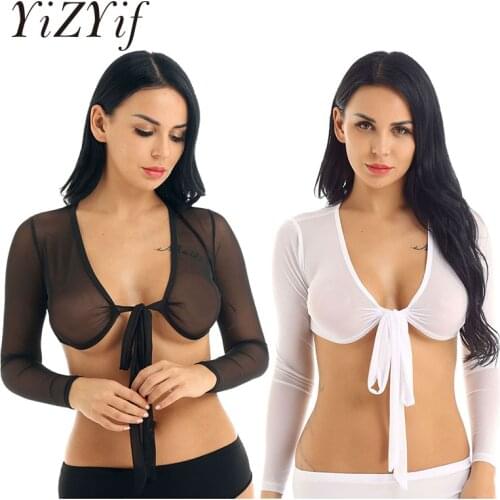 YiZYiF Women Crop Tops Sexy Costumes Long Sleeve Deep V Plunge Open Front Tie Up Mesh See Through Sheer Tee Crop Tops