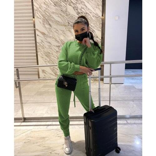 Women Knit Suit Casual Knitted Sweaters Pants 2Pcs Set Pullovers Crop Top High Elastic Long Sleeve Jumpers Tops And Trouser Set