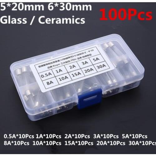 100Pcs/Box Set 5x20mm 6*30mm Quick Blow Ceramics/Glass Tube Fuse Assorted Kits Fast-blow Glass Fuses Mixed Suit