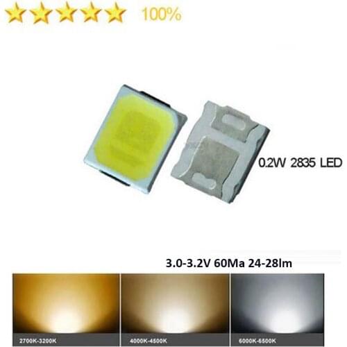 1000pcs/lot CRI 80+ 0.2W SMD 2835 LED Lamp Bead 24-28lm White SMD LED Beads LED Chip DC3.0-3.2V for All Kinds of LED Light