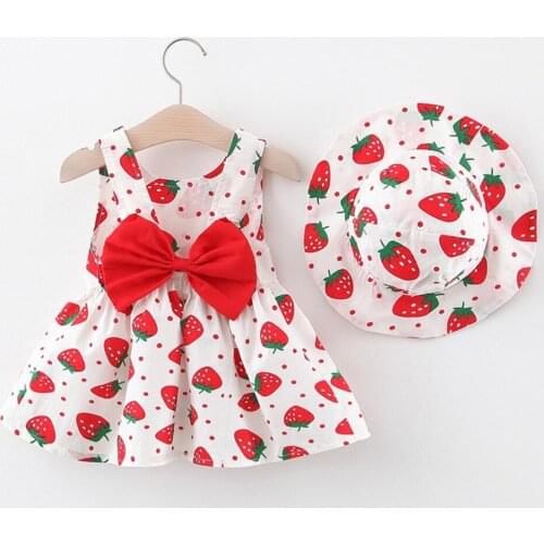 2021 Summer Sleeveless Thin Section Clothes For Girls Strawberry Print Kids Princess Dress Sun Hat Newborn Baby Clothing