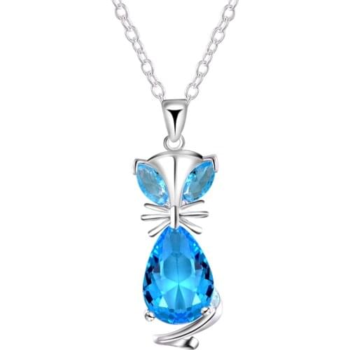 AliExpress Hot new charm fashion women silver color jewelry temperament blue crystal zircon Cat pendant necklace jewelry AN758