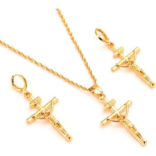 Bangrui New Ethiopian Cross set Jewelry Pendant Chain/Earrings Necklace Gold Color Christian