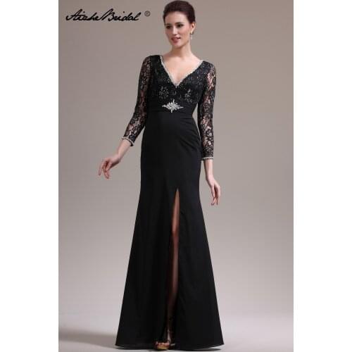 Long Formal Womens Dress Elegant V Neck 3/4 Sleeve Black Mother of the Bride Dresses vestido mae da noiva
