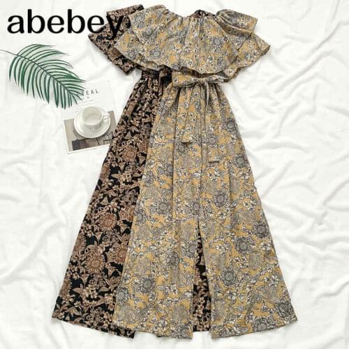 2021 New Summer Retro All-match off shoulder slash neck double Ruffle waist strap Jumpsuit wide leg Pants