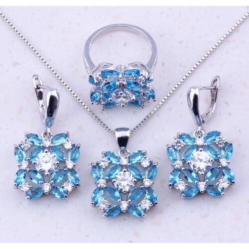 Good-Looking Sky Blue Crystal Cubic Zircon Sterling Jewelry Sets For Women Party Fashion Jewelry Free Gift Box J0007