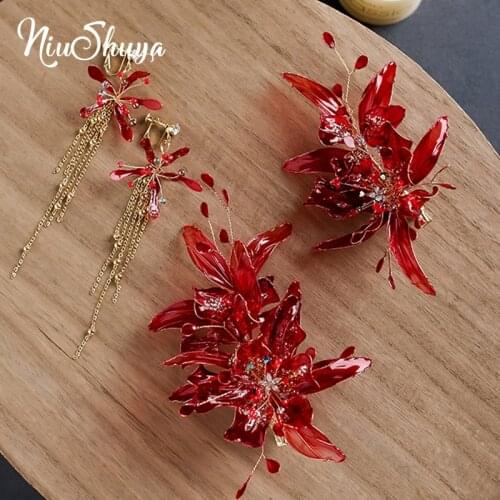 NiuShuya Fashion Luxury Red Flower Headpiece Wedding Prom Bridal Hair Accessories Hairwear Bridal Hair Jewelry