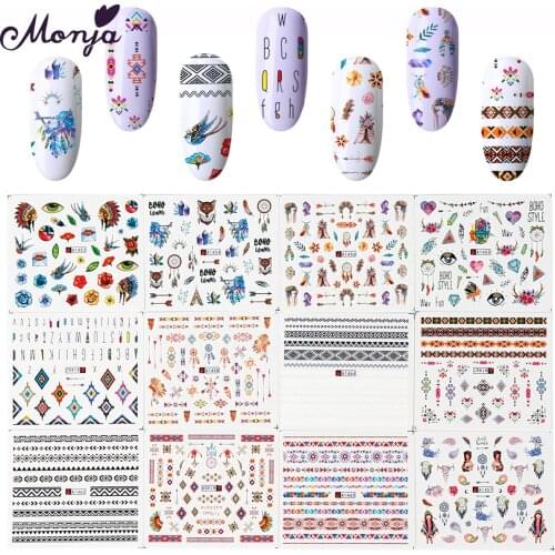 Monja 12 Pcs/Set Nail Art Bominian Abstract Style Water Transfer Mix Pattern Sticker Nail Decals Tips DIY Manicure Decorations