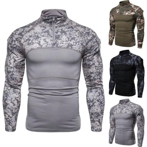 Mens Camouflage T-Shirts Military Battlefield Outdoor Tops Patchwork Fitness Long Sleeve Zipper Pocket Elastic T-shirt