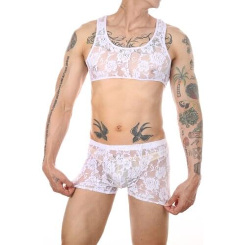 Man Shoulder Crop Top Lace Vest Men Sexy Chest Harness Boxers Set Transparent Tops Shorts Lingerie Stage Costume Exotic Tanks