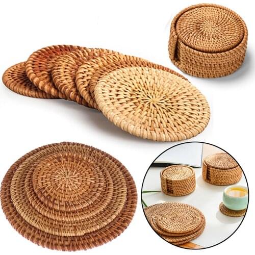 Natural Round Rattan Coasters Bowl Pad Handmade Insulation Placemats Table Padding Cup Mats Home Kitchen Decor Tool Accessories