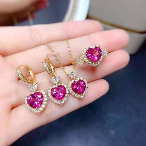 Natural Pink Topaz Heart Earrings Ring Pendant Necklace Set S925 Pure Silver Fine Fashion Luxurious Jewelry for Women MeibaPJFS