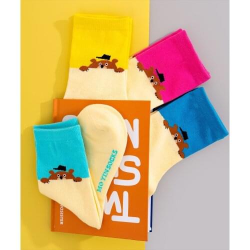 Cartoon Socks Women Cotton Breathable Cute Kawaii Bear Lovely Animal Pattern Girl Sock Combed of Pure Cotton Female Socks girls