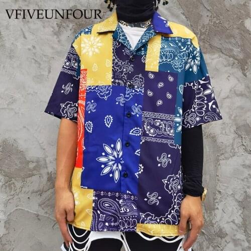 VFIVE UNFOUR New Arrivals Hawaiian Shirt Harajuku Color Block Paisley Pattern Print Shirts Summer Beach Vintage Men Buttons Tops