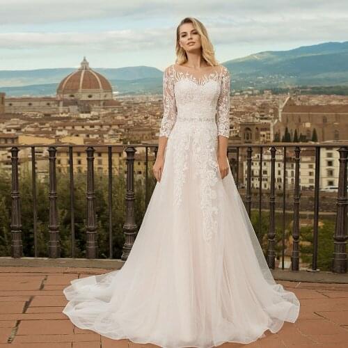 New Arrivals Sheath Wedding Dresses Vestidos De Noiva Beading Crystal Waist Appliques Three Quarter Sleeve Wedding Gowns