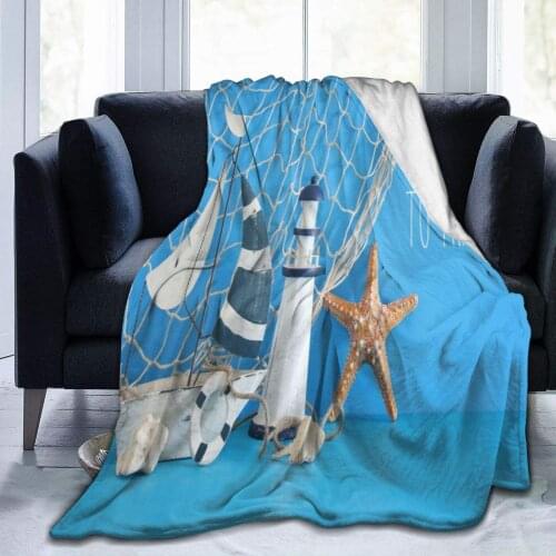Nautical Theme Sailboat Lighthouse Starfish Throw Blanket Plush Microfiber Flannel Fleece Blanketfor Bed Sofa Couch Camping