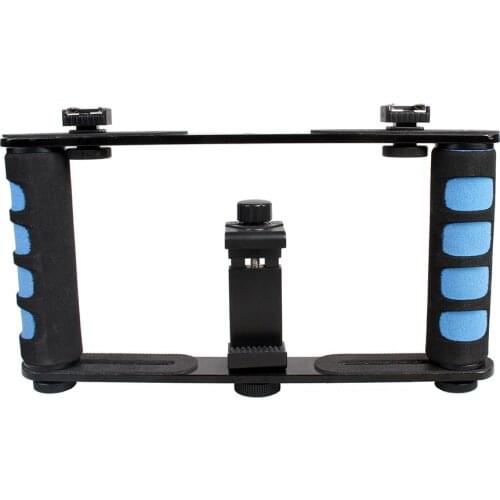 Portable Handheld Stabilizer Video Cage Dual Handle Grip with Phone Holder Dual Cold Shoe Mounts for Smartphone Action Camera