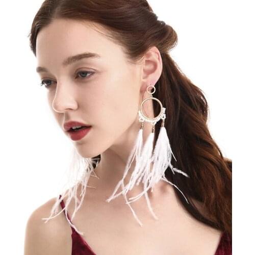 Fairy tale pure white Feather Earrings light Exaggerated Hoops Ostrich Tassel Dangle earrings Alloys beaded Zingara Collocation