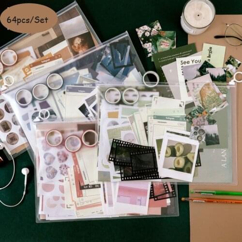 Sharkbang 64pcs/Pack Deco Journal Material Papers Basic Art Album Photo Stickers PET Tapes All In One Decoration Supplies Set
