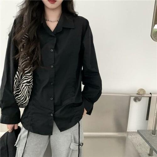 Chic Women Solid Shirt Harajuku Draw-String Ladies Punk Tops And Shirts Summer Loose Female Korean Long Sleeves Blouses