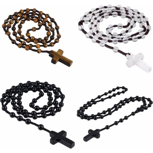 TUMBEELLUWA Gem stone Cross Pendant 6mm Beads Catholic Rosary Prayer Beads Knitted Necklace