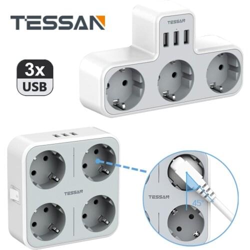 TESSAN Multi Sockets Eu Plug Extension Power Strip 4 AC with 3 USB 5V/2.4A Overload Protector Switch 2500W Wall Charger Adapter