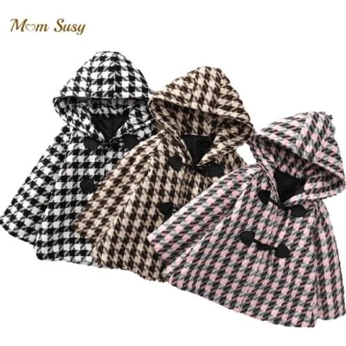 Girl Boy Thick Woolen houndstooth hooded Jacket Winter Spring Autumn Child Cotton Padded Coat Cloak Outwear Baby Clothes 1-7Y