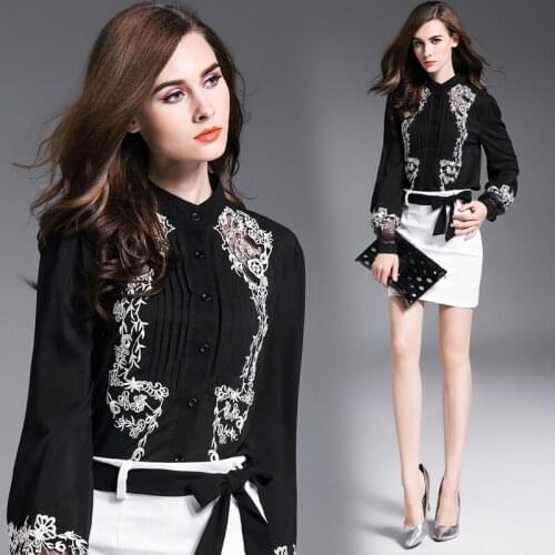 Woman shirt chiffon lantern sleeve long sleeve fashion wild OL professional temperament black embroidered shirt