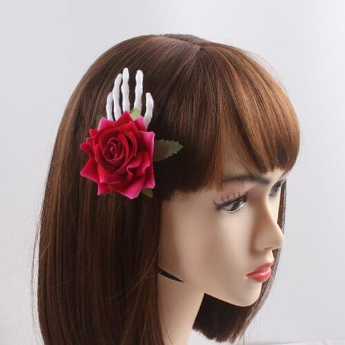 Horror Skull Hand Bone Simulation Rose Flower Hairpin Halloween Personality Hair Clips Headdress Decoration Children Adults