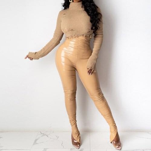 Sexy Personality Pleated PU Leather Pant High Waist Leggings Mujer Seamless Fitness Booty Lifting Push Up Fitness Legging