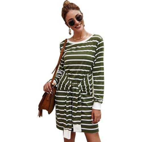 Striped T-Shirt Dress Women 2021 Autumn Winter Casual O-Neck Long Sleeve Loose Lace Up Straight Dress Lady Streetwear Mini Dress