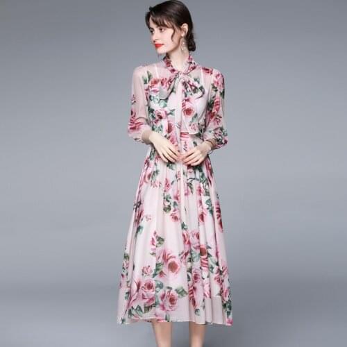 Summer Runway Beach Boho Chiffon Dress Women Bow Collar Pink Rose Flowers Printed Elegant Holiday Party Pleated Midi Dress k6607