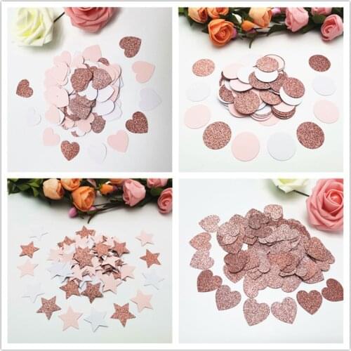 100pcs 3cm Glitter Rose Gold Card Paper Confetti Wedding Round/Heart/Star Confettis Birthday Party Supplies Baby Shower Decor