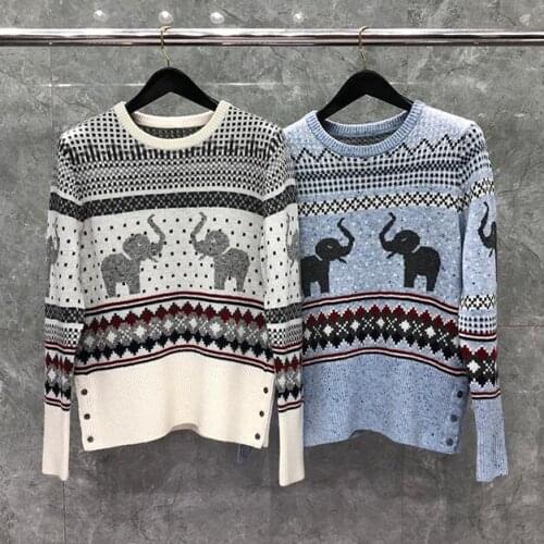 2021 Fashion Brand Sweaters Women Loose O-Neck Pullovers Clothing Elephant Pattern Striped Wool Thick Winter Casual Coat