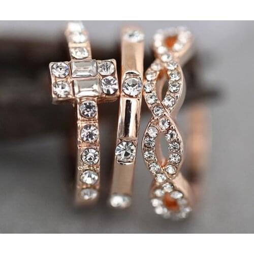 3Pcs/Set Fashion Geometry Intersect Crystal Rings Set For Women Girls Engagement Wedding Rings Female Party Jewelry Gifts