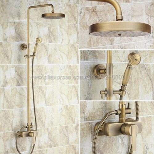 Antique Brass Bathroom Rainfall Shower Faucet Set Single Handle Mixer Tap With Hand Sprayer Wall Mounted Bath Shower Sets Krs177