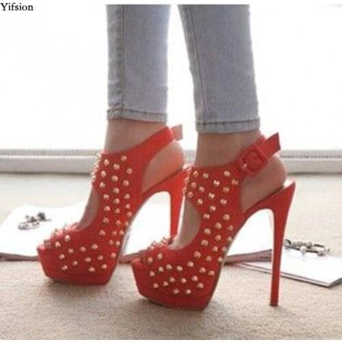 Olomm Women Platform Sandals Sexy Rivets Stiletto High Heels Sandals Nice Peep Toe Orange Party Shoes Women US Plus Size 5-15