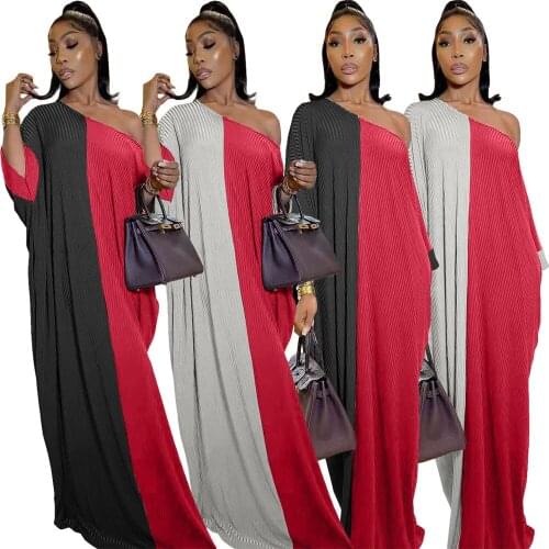 Black Dress Urban Street Wear Straight Type Sexy Loose Splicing Color Oblique Shoulder Dresses for Women Wholesale Dropshipping