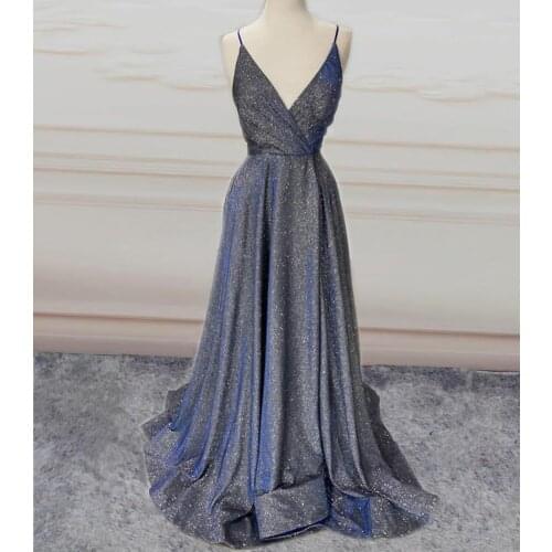 Long V-Neck Glitter Purple Prom Dresses with Pockets A-Line Sweep Train Criss Cross Back Abendkleid Robes de Soirée for Women