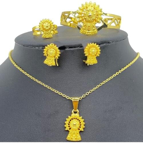 Dubai Ethiopian Kids Earrings Rings Sets Bridal Jewelry Gold Color African Bangles for Baby Jewelry Dubai Arabic Name Necklace