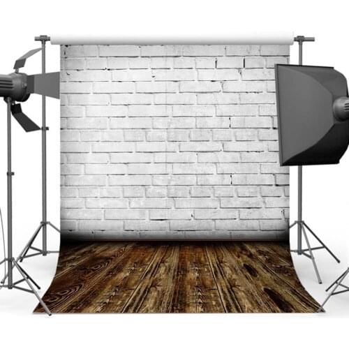 White Brick Wall Backdrop Photo Shoot Dark Wood Floor Background for Photography Studio F-1567