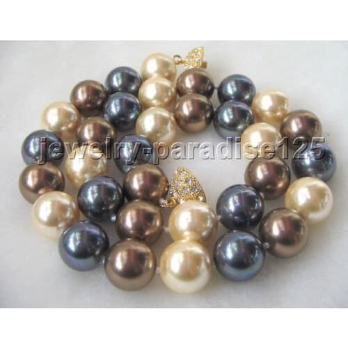 Hot selling ******Beautiful 18" 12mm perfect round multicolor south sea shell pearl necklace