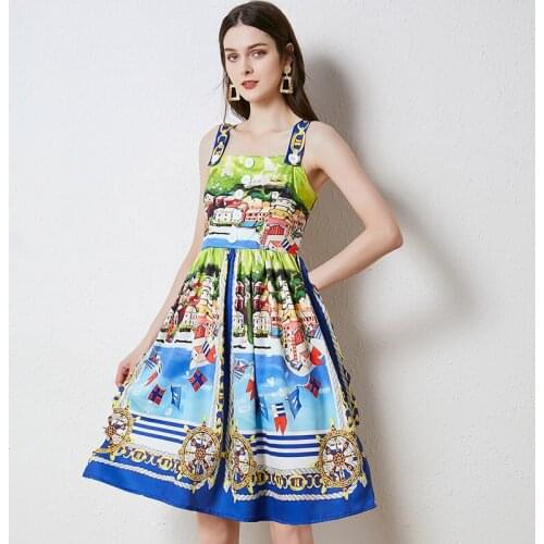 JSXDHK Summer Sleeveless Holiday Beach Dress Women Spaghetti Strap House Printed Sexy Backless High Waist Boho Dresses Vestidos