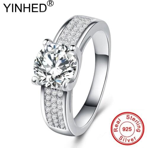 YINHED Real 925 Sterling Silver Ring 8MM 2 Carat SONA CZ Diamond Engagement Wedding Rings For Women Finger Jewelry Ring ZR663
