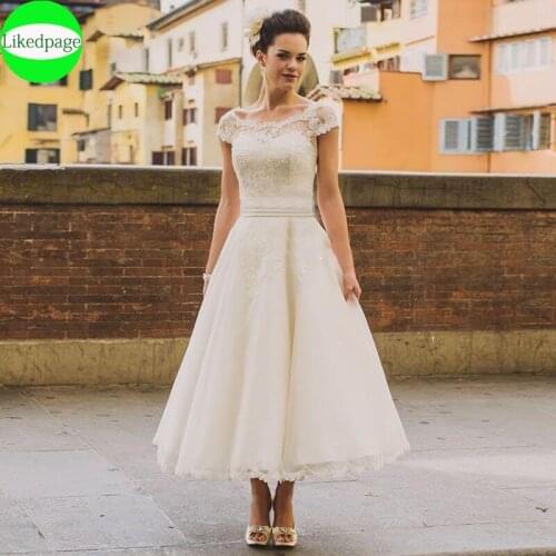 Short Wedding Dress 2021 Cap Sleeve Robe De Soirée De Mariage Vintage Lace Appliques Party Bride Gown Vestido Novia Button Back