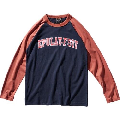 2021mens New Long Sleeve Color Contrast Patchwork Fashion Pure Cotton Washed Brushed Sweat-Absorbent Breathable Bottoming T