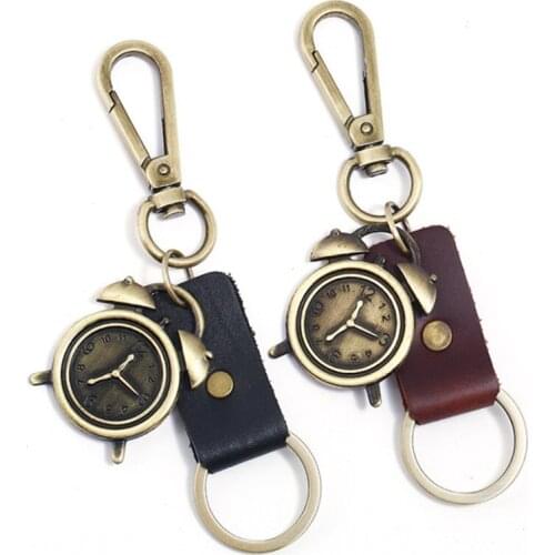 New Fashion Leather Keychain Women Unisex Gifts Alloy Pendant Clock Keyring Men Jewelry Bronze Bell Key Chains Bag Car Accessory