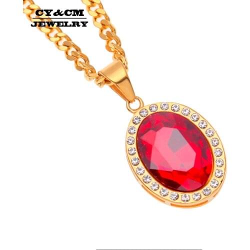 CY&CM Stainless Steel Oval Red Gem Pendant Gold Color Hip Hop Iced Out Crystal Rhinestone Charming Pendant Jewelry Cuban Chain