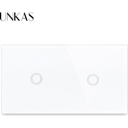 UNKAS 2 Gang 1 Way EU Standard Olny Touch Function Light Button Switch 157mm Tempered Crystal Class Panel 300W Outlet